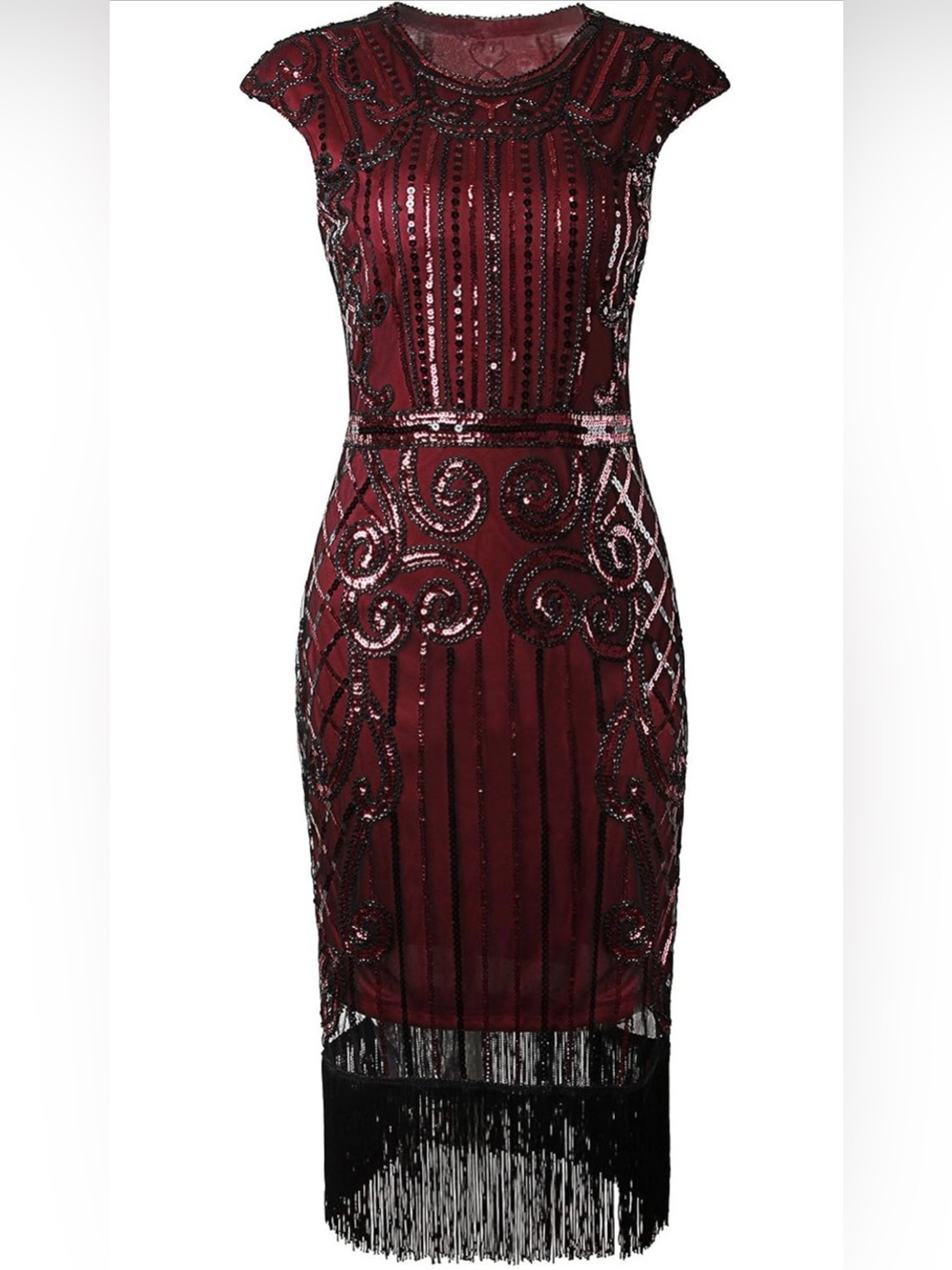 20s Flapper Costume Sequined Burgundy Fringe Midi Dress